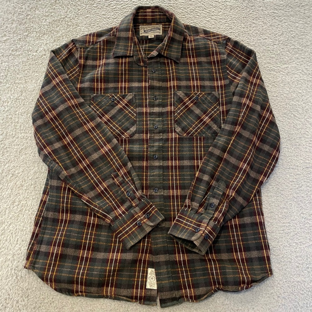 Schott‎ Bros Flannel Shirt Mens Large Green Red Plaid Heavy Cotton Button Up